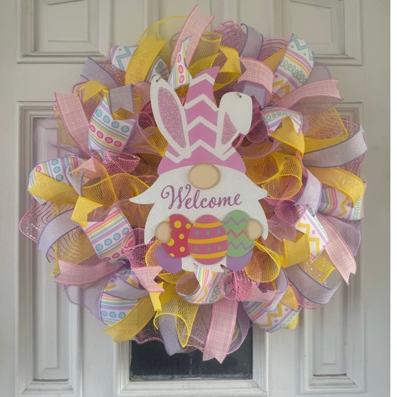 Easter Bunny Gnome Welcome Mesh Ribbon Easter Wreath Front Door Hanger - Picture 1 of 5